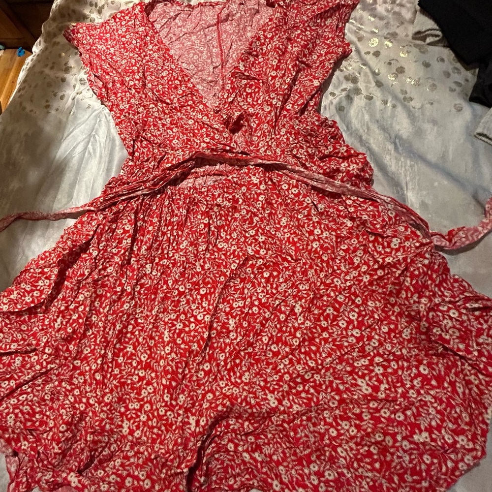 Red and White Plunge Neck Wrap Sundress